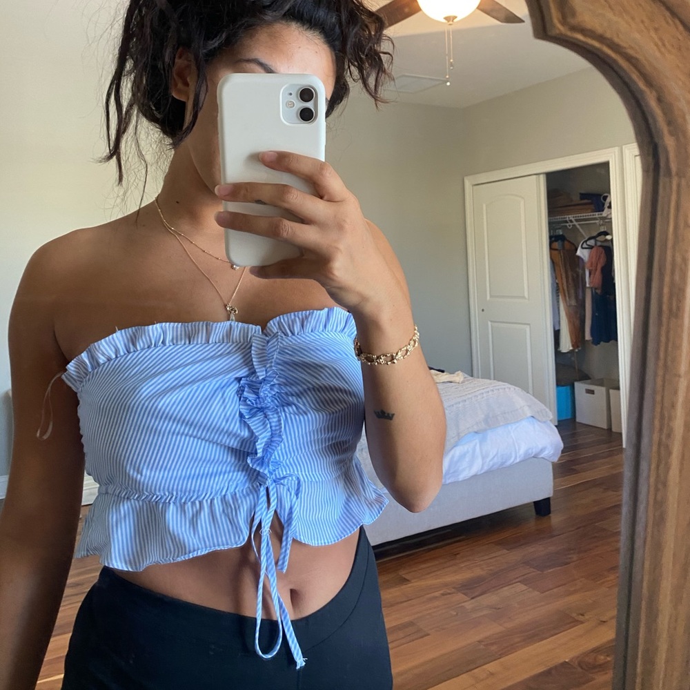 Blue striped drawstring crop top